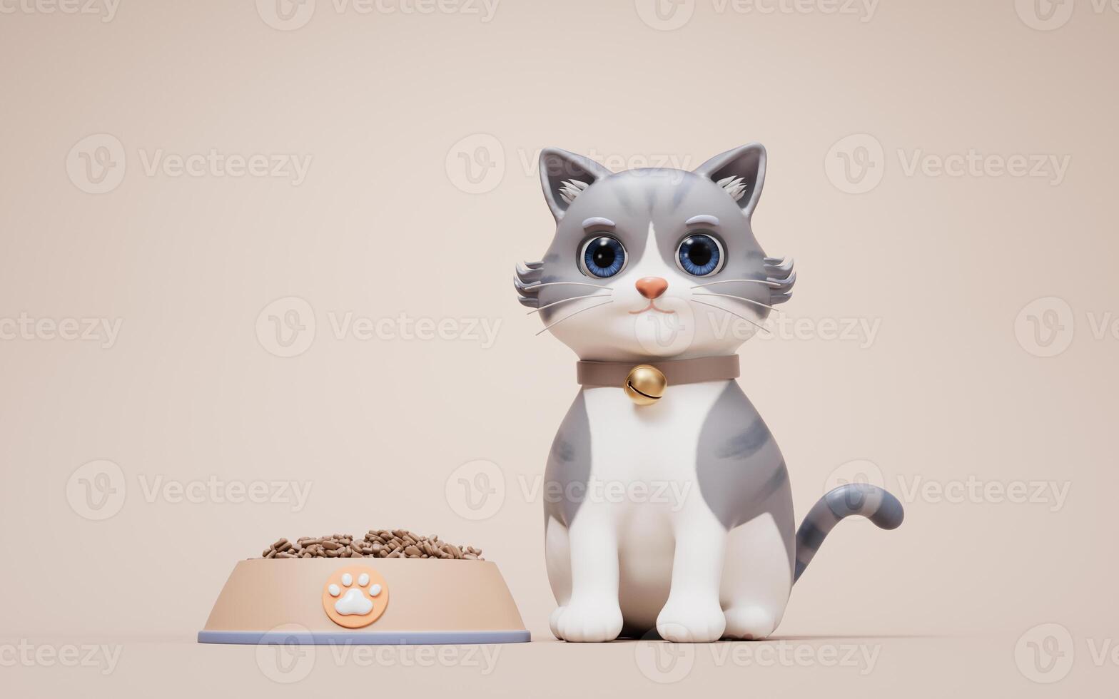 3D cartoon style cute cat and bowl, 3d rendering. photo