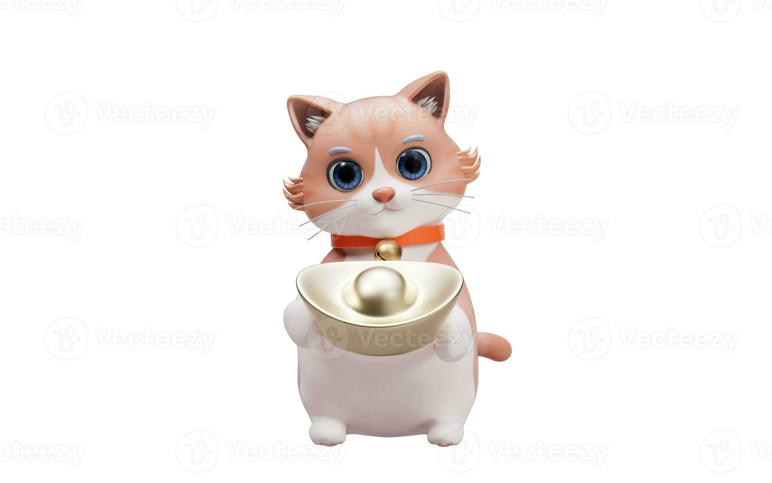 3D cartoon style cute cat and Chinese gold ingot, 3d rendering. photo
