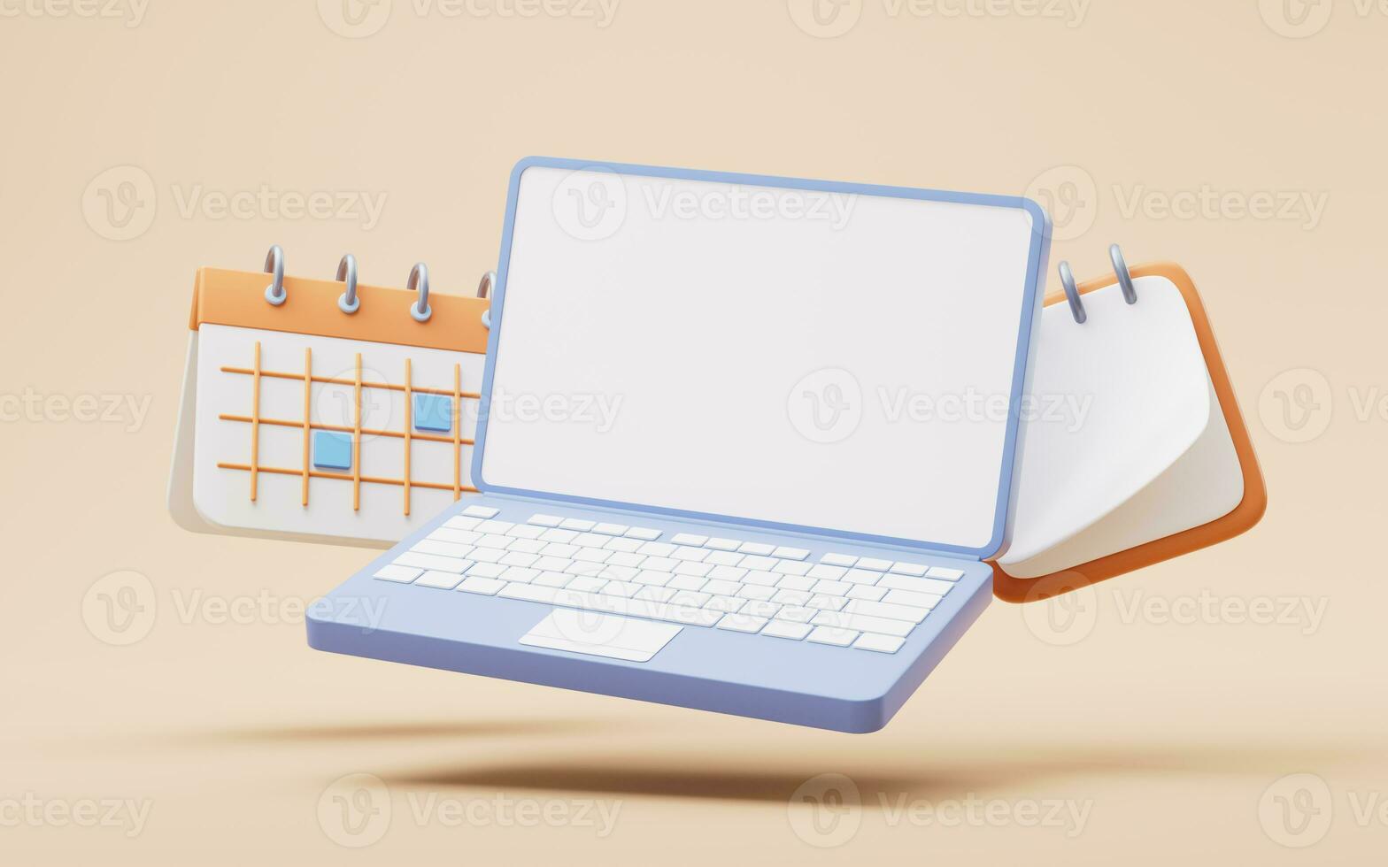 Cartoon style laptop and calendar, 3d rendering. photo