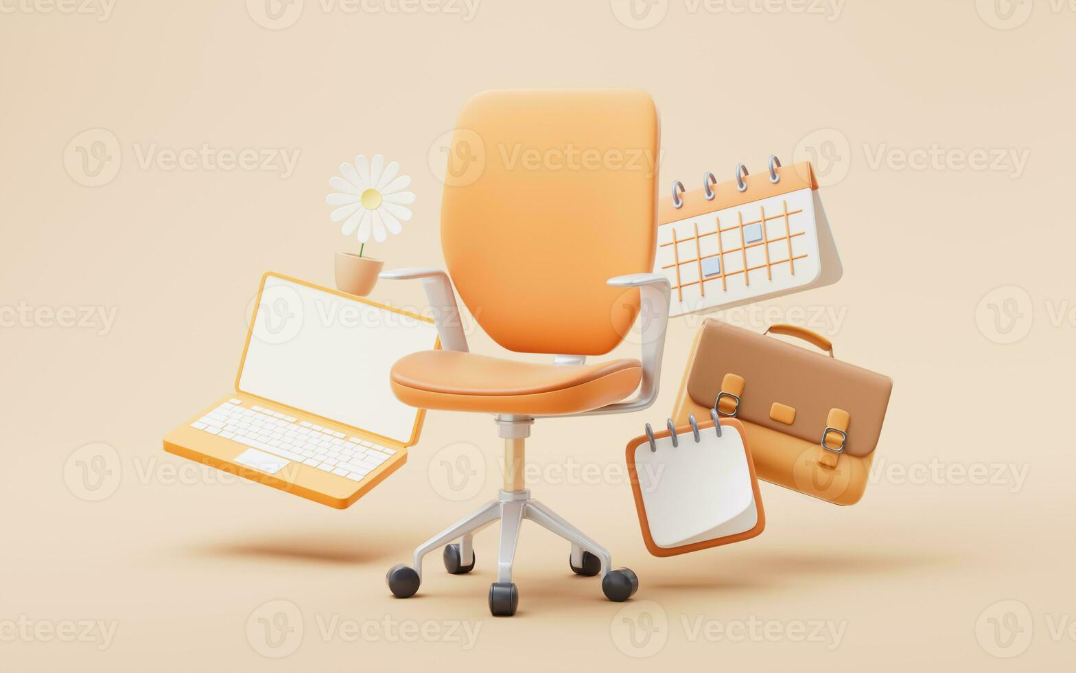 Office scene with office supplies, 3d rendering. photo