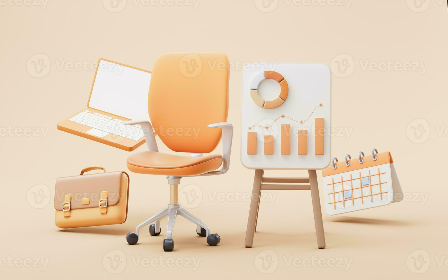 Office scene with office supplies, 3d rendering. photo