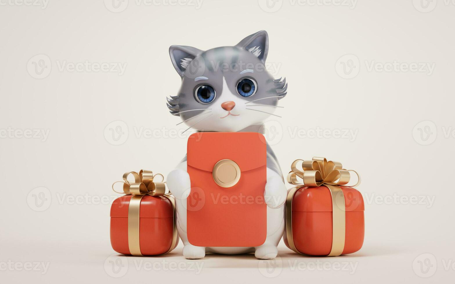 3D cartoon style cute cat and Chinese lucky red package, 3d rendering. photo