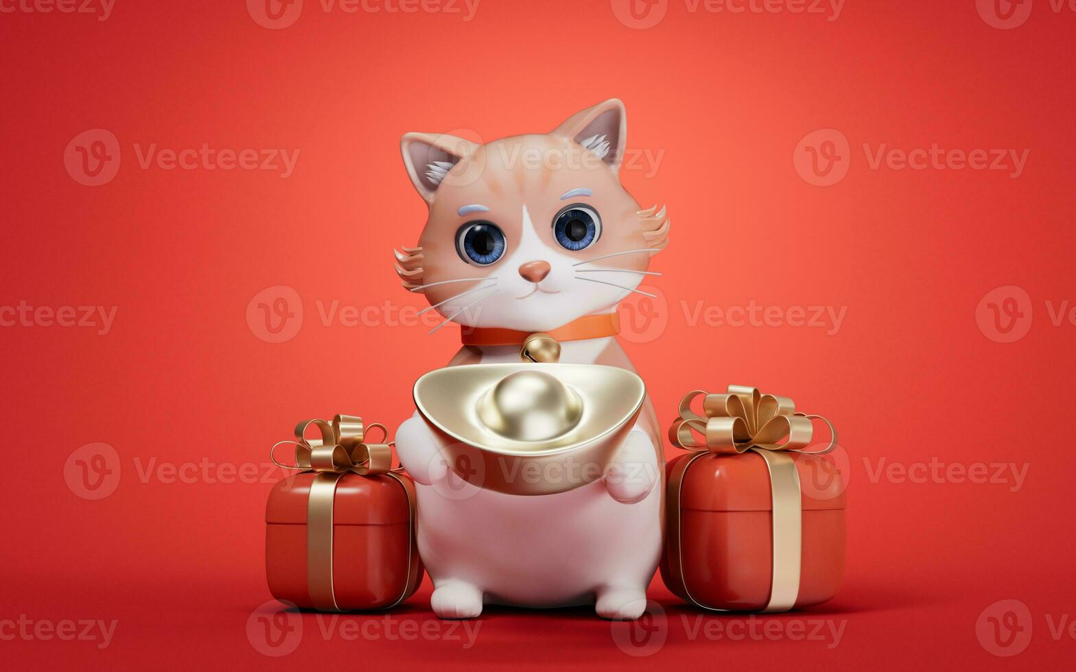 3D cartoon style cute cat and Chinese gold ingot, 3d rendering. photo