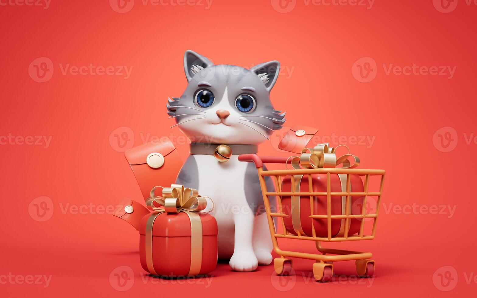 3D cartoon style cute cat and shopping cart, 3d rendering. photo