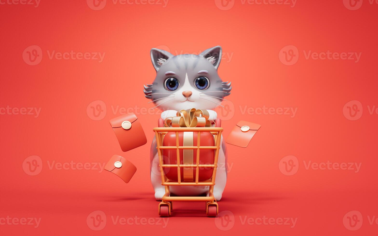 3D cartoon style cute cat and shopping cart, 3d rendering. photo