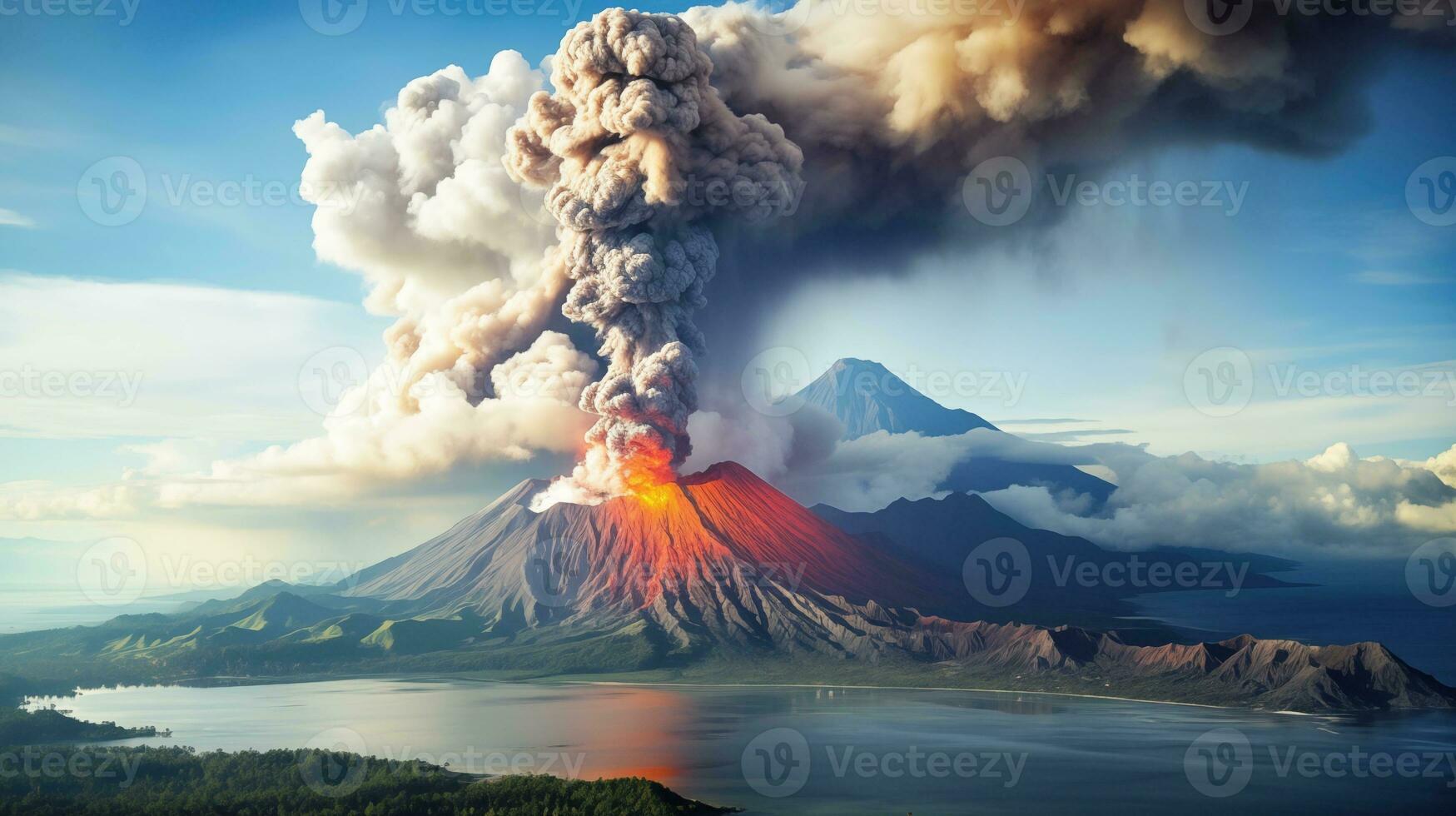 AI generated scene of volcano eruption in natural environment photo