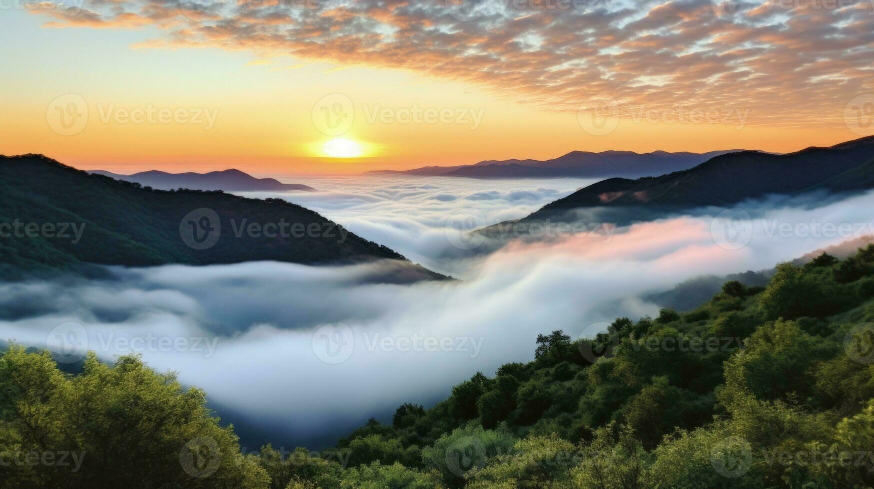 AI generated sunrise in the misty morning HD background wallpaper photo