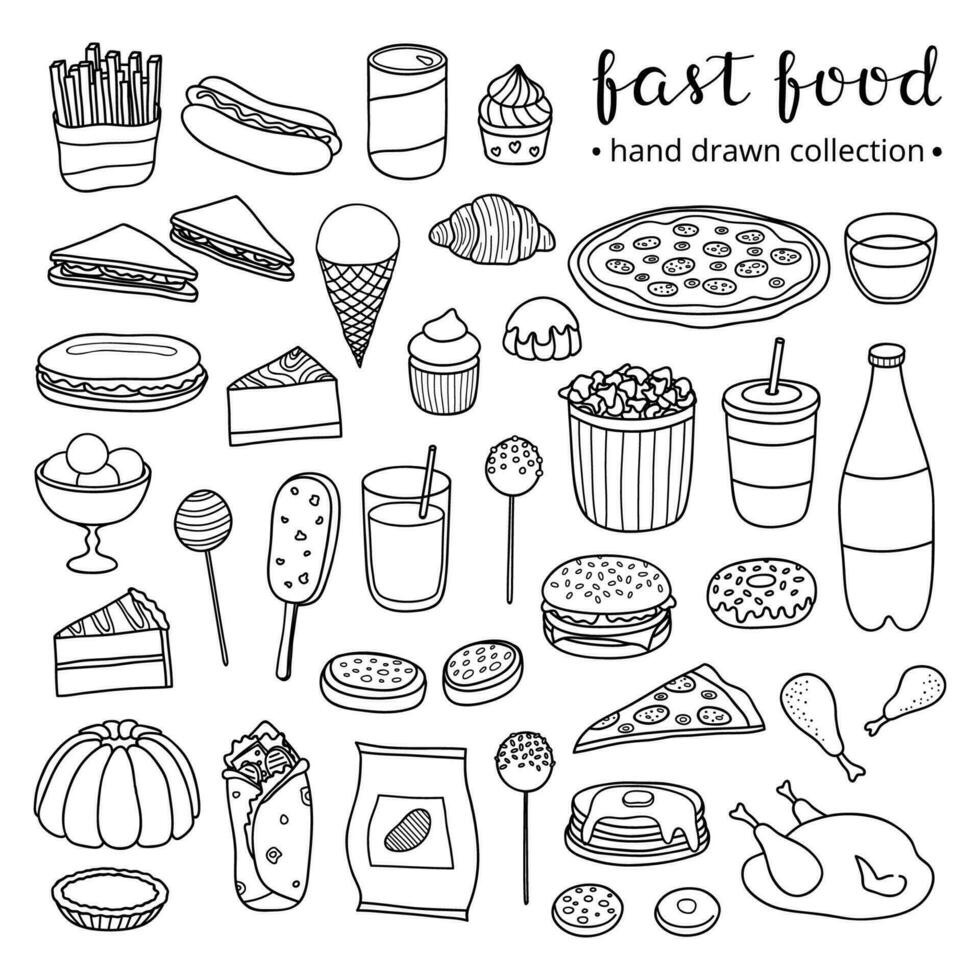 Set of hand drawn fast food meals. vector