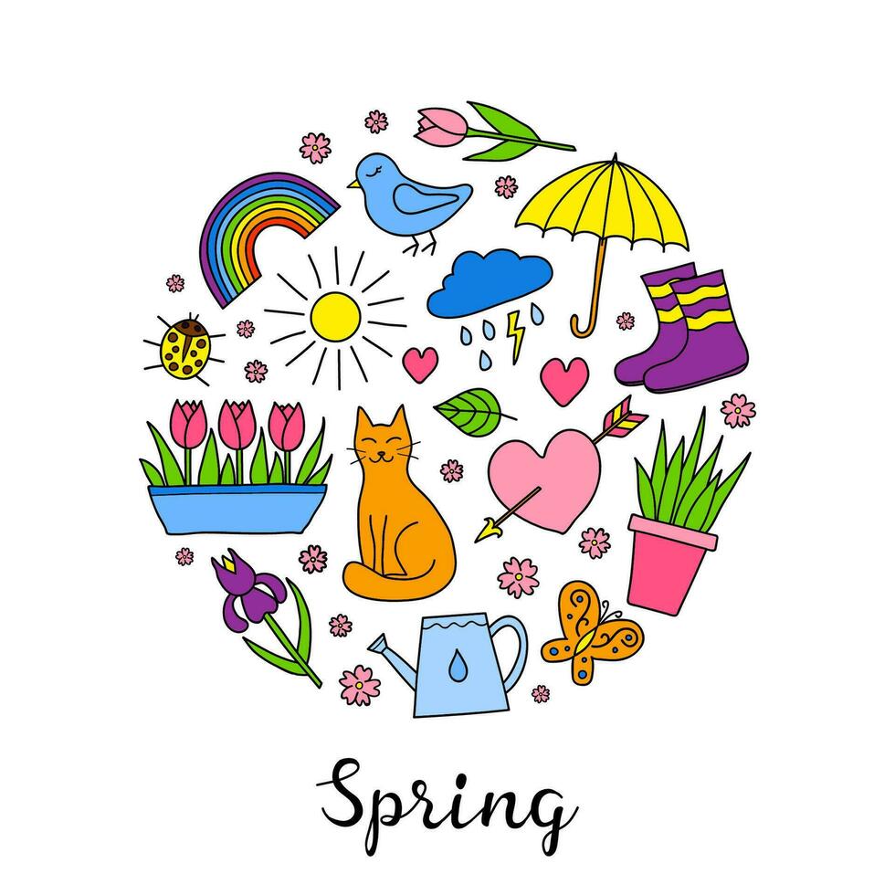 Hand drawn spring items in circle. vector