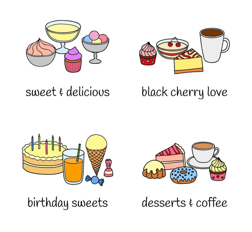 Different groups of desserts and beverages. vector