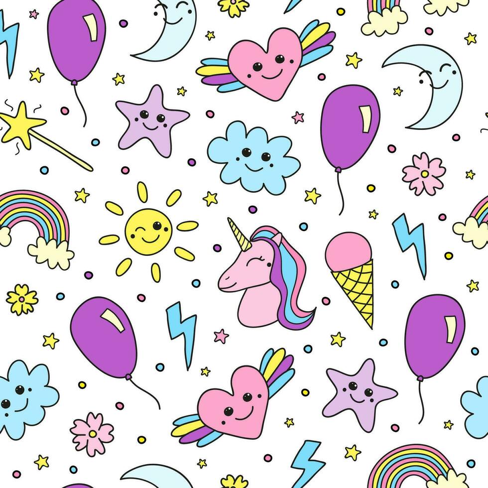 Cute seamless pattern with smily items. vector