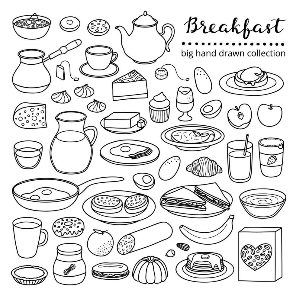 Set of hand drawn breakfast dishes. vector