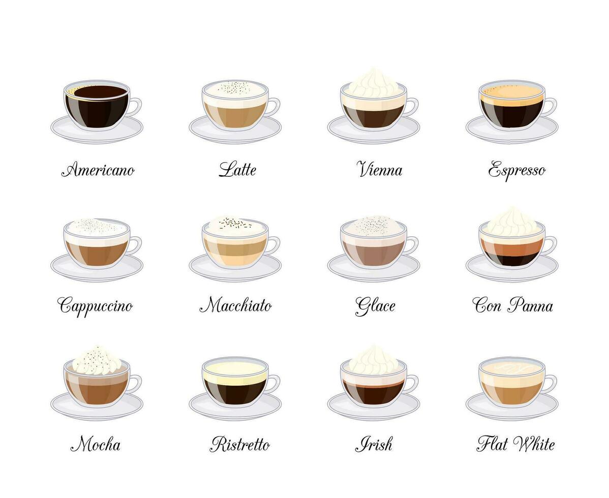 Different coffee drinks set. vector