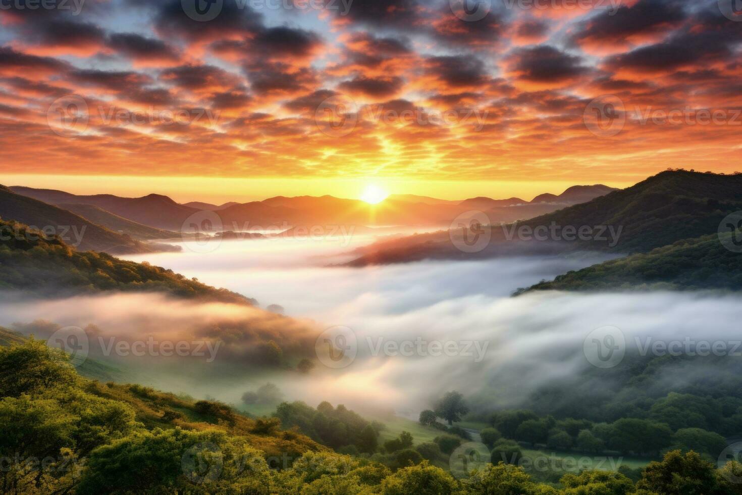 AI generated sunrise in the misty morning HD background wallpaper photo
