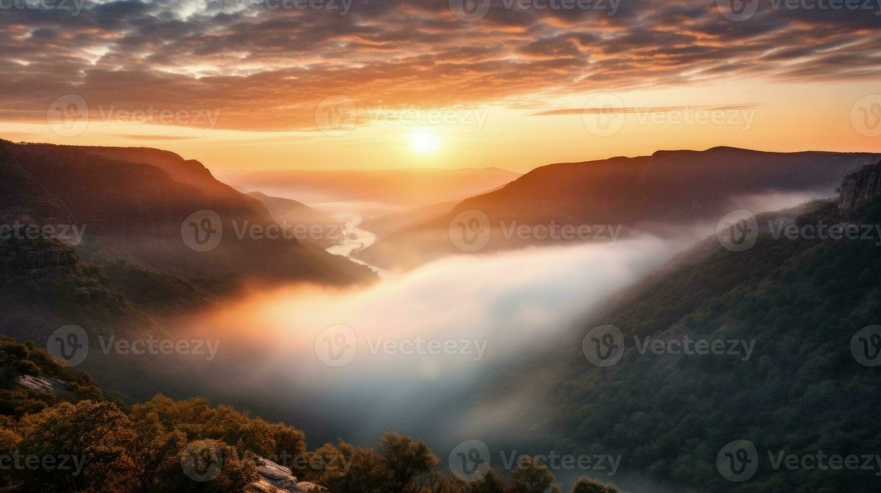 AI generated sunrise in the misty morning HD background wallpaper photo