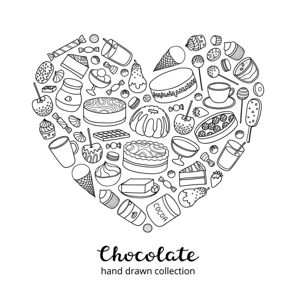 Doodle chocolate and cocoa products in heart shape. vector