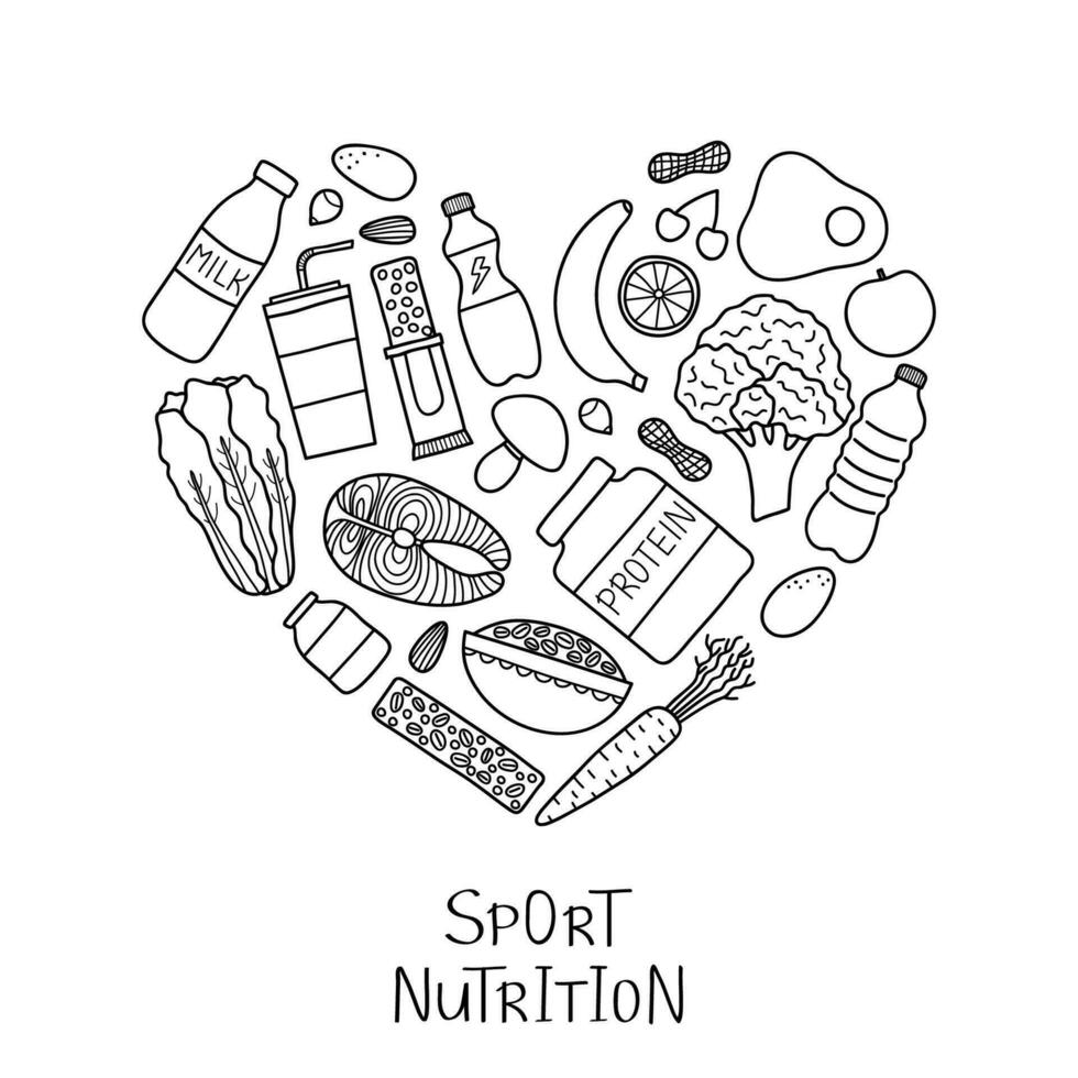 Doodle sport nutrition items in heart shape. vector