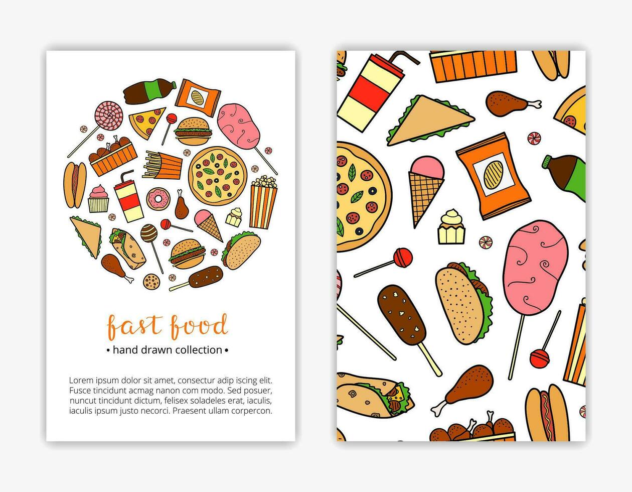 Card templates with fast food items. vector