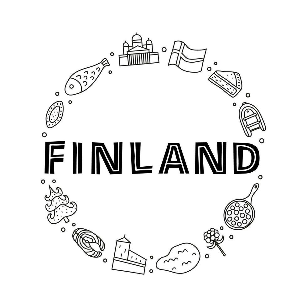 Doodle outline Finland icons in circle. vector