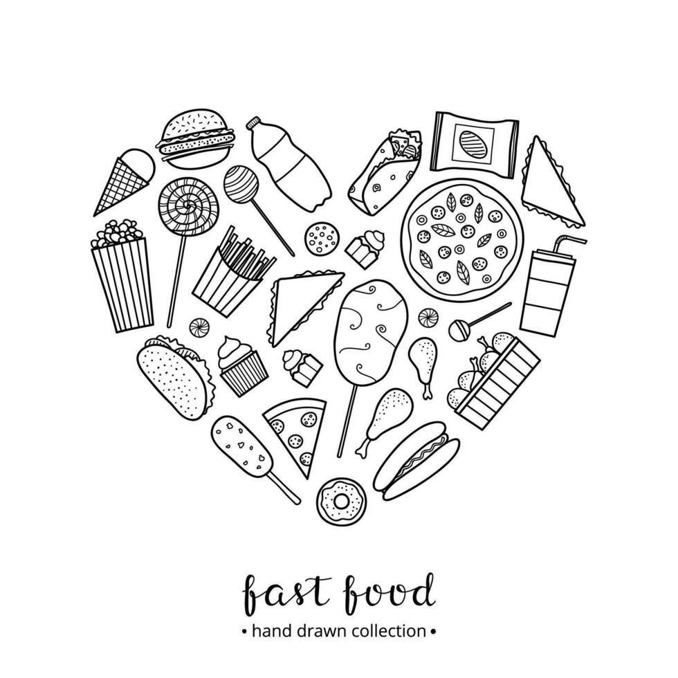 Hand drawn fast food in heart shape. vector