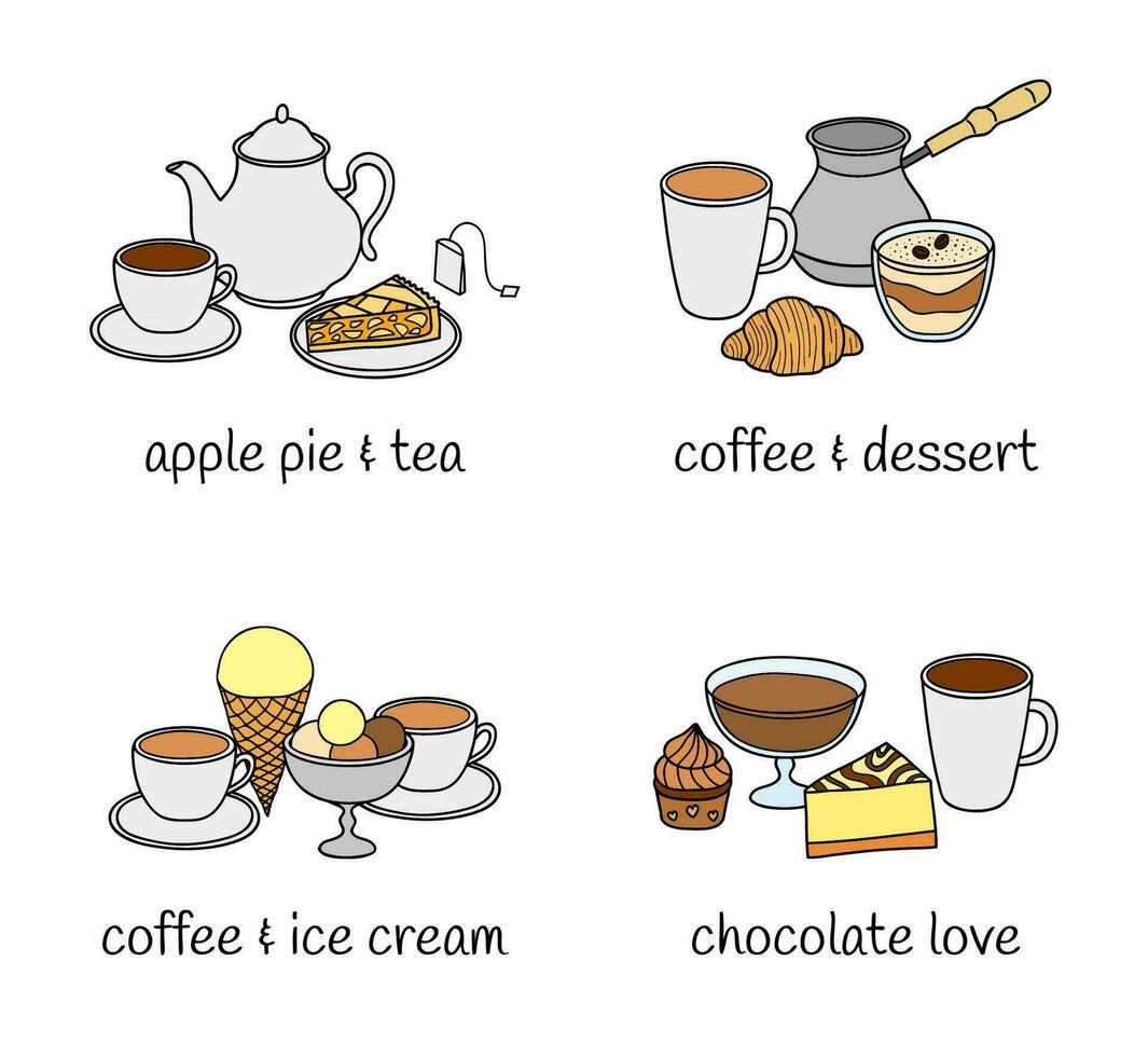 Different groups of desserts and beverages. vector