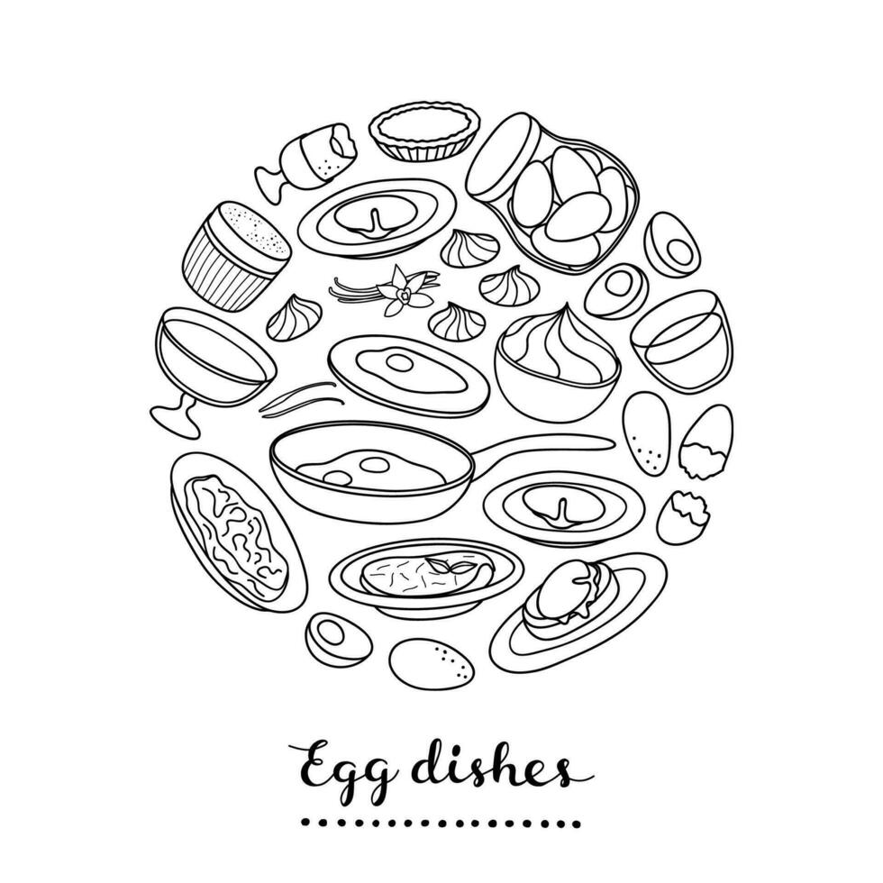 Hand drawn egg dishes in circle. vector