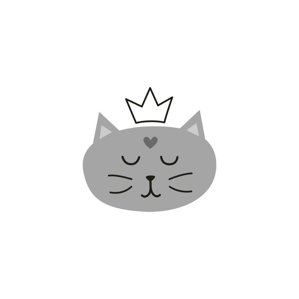 Cute doodle cat face with outline crown. vector