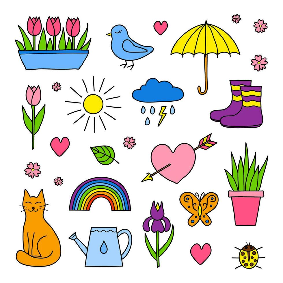 Set of hand drawn spring items. vector