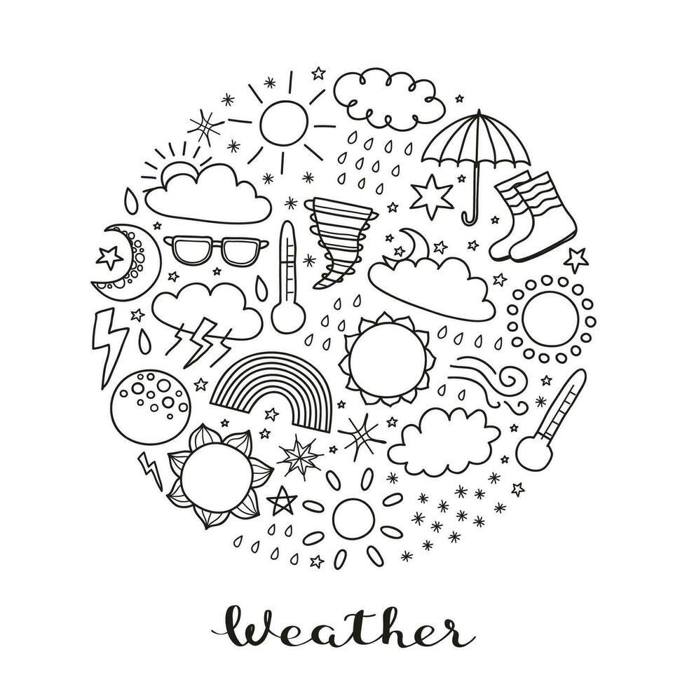 Doodle weather icons in circle. vector