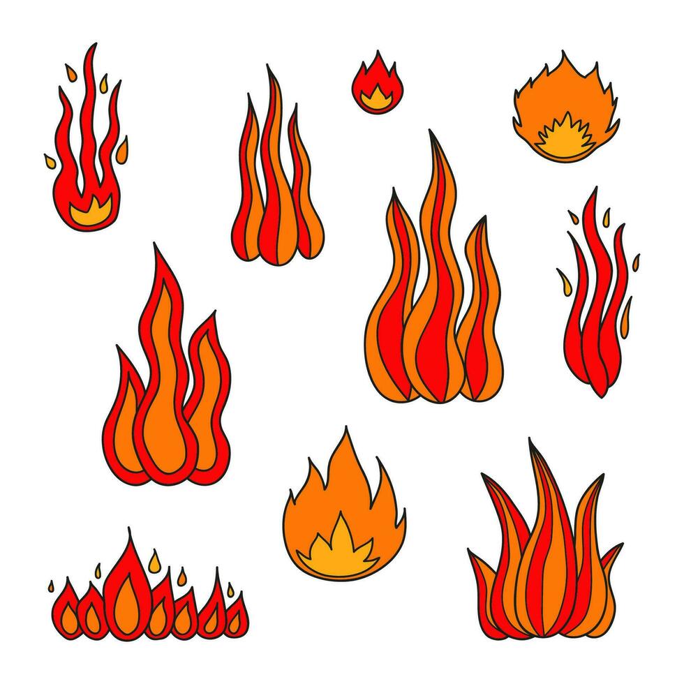 conjunto de llamas de fuego de garabato. vector