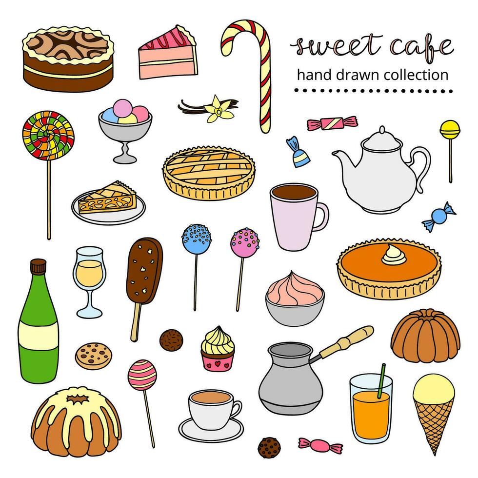 Hand drawn collection for sweet cafe. vector