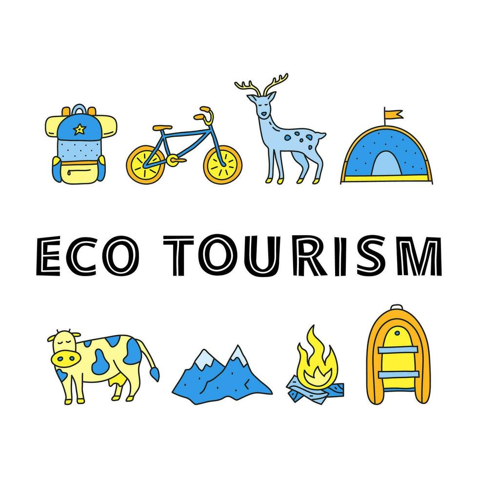 póster con letras y garabatear de colores eco turismo iconos vector