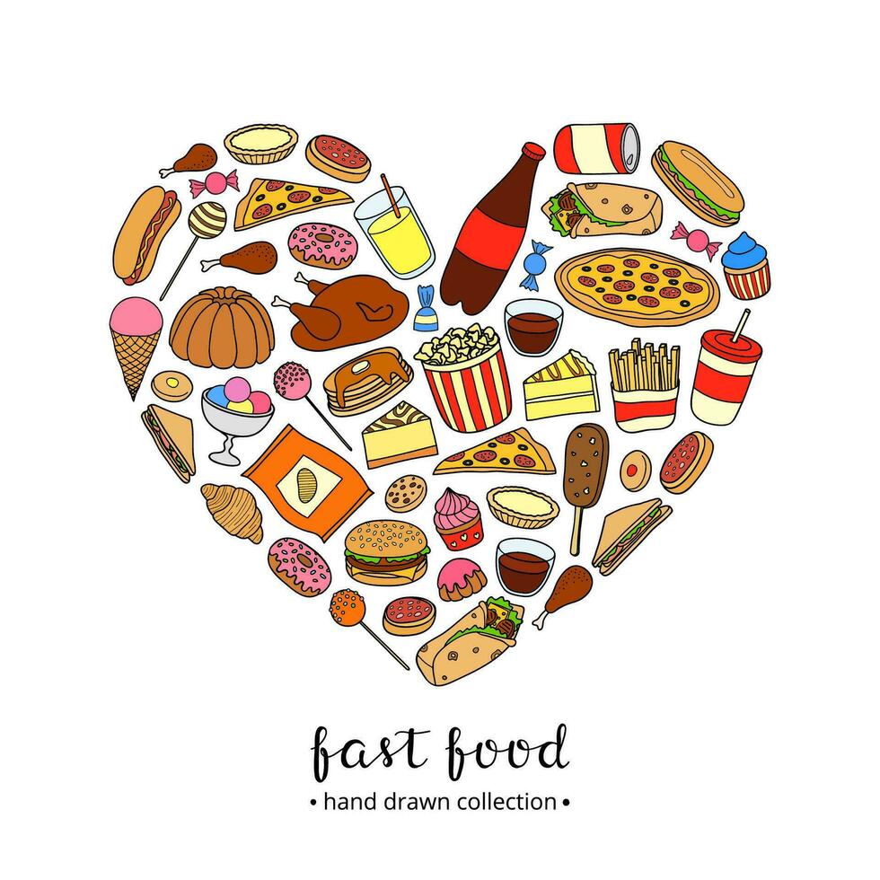 Hand drawn fast food meals in heart shape. vector