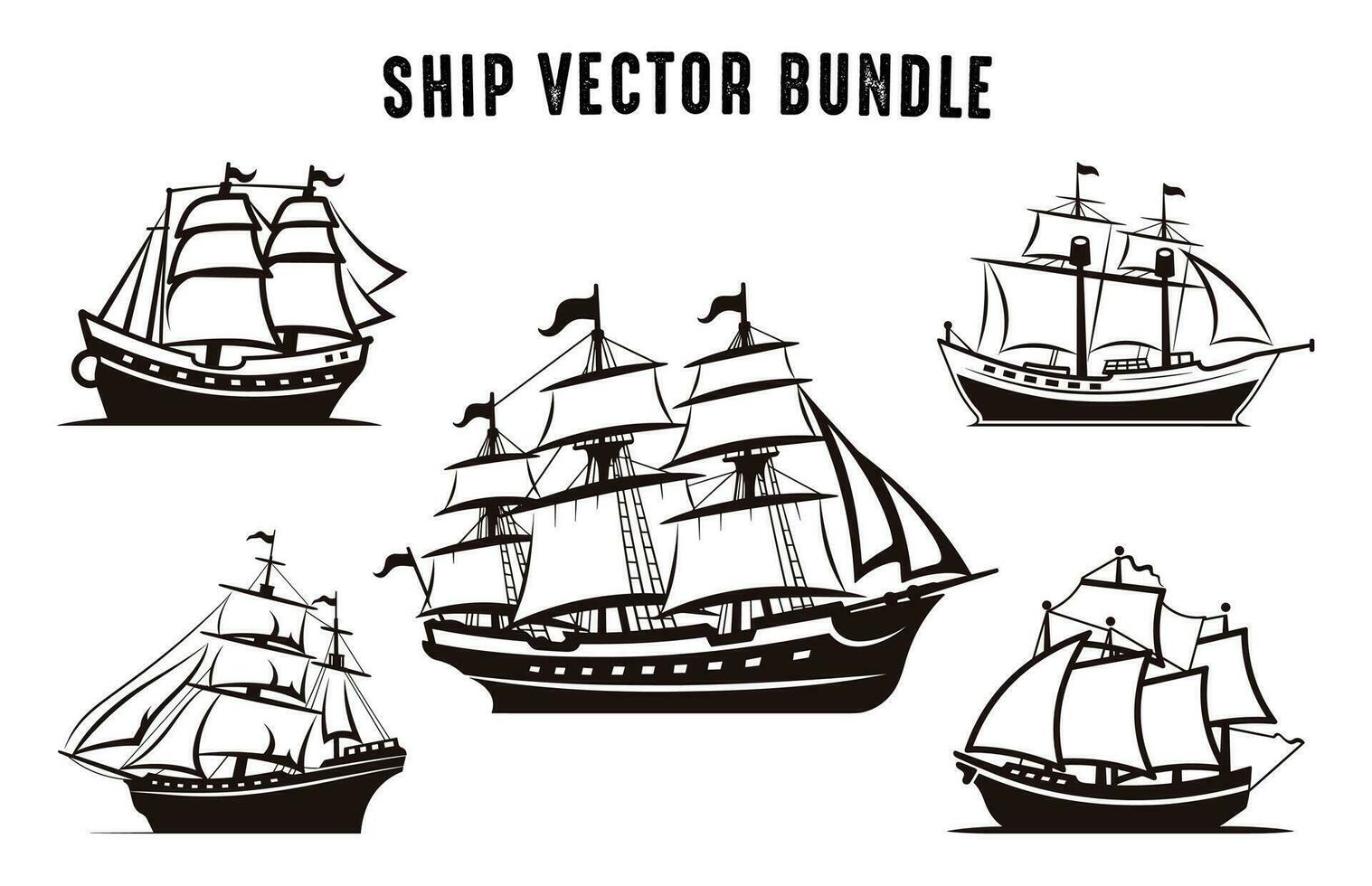 Ship vector black Silhouettes bundle, Set of Sailboat Ship Vector isolated on a white background