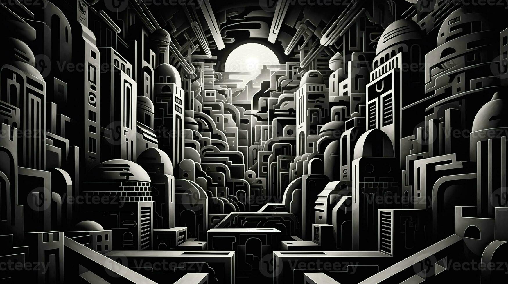 AI generated Abstract futuristic houses on black background. Surrealist style photo