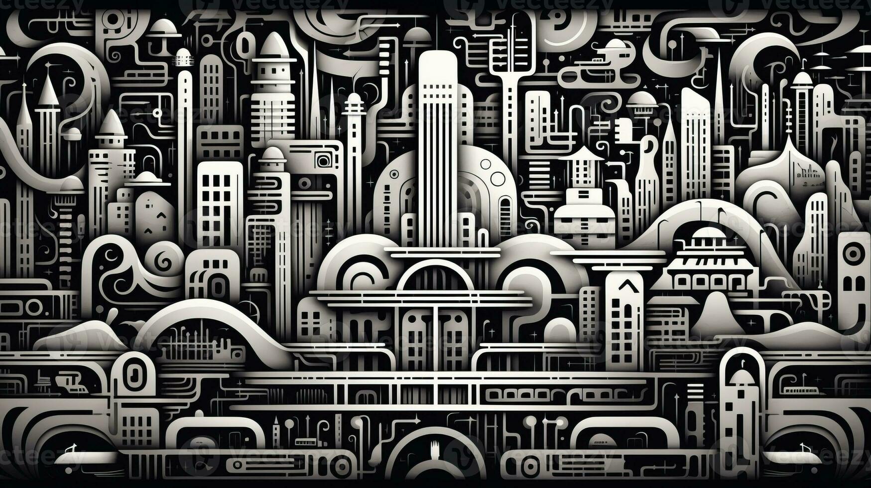 AI generated Abstract futuristic houses on black background. Surrealist style photo