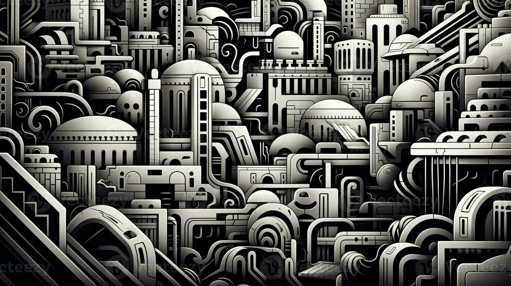 AI generated Abstract futuristic houses on black background. Surrealist style photo
