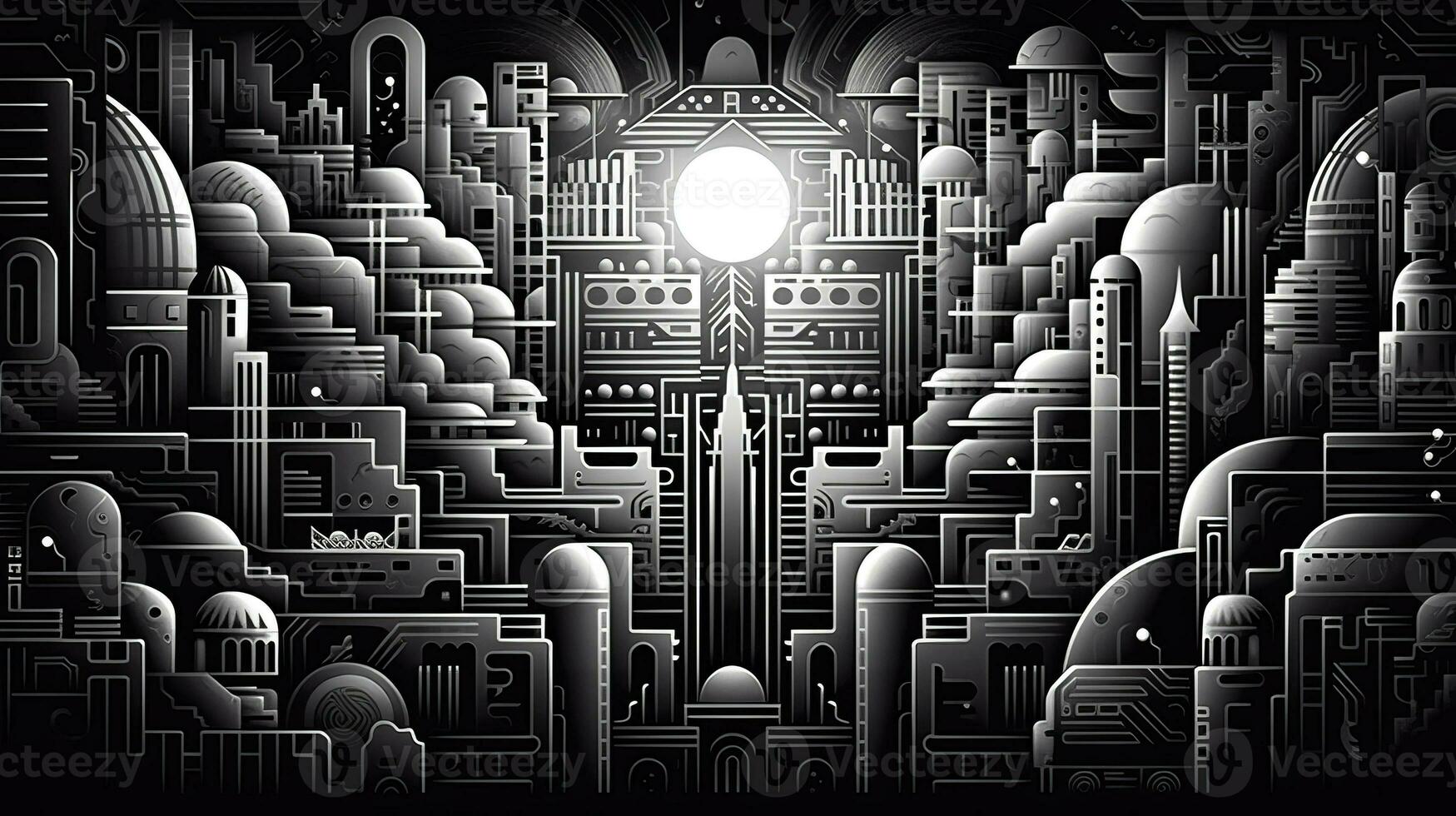 AI generated Abstract futuristic houses on black background. Surrealist style photo