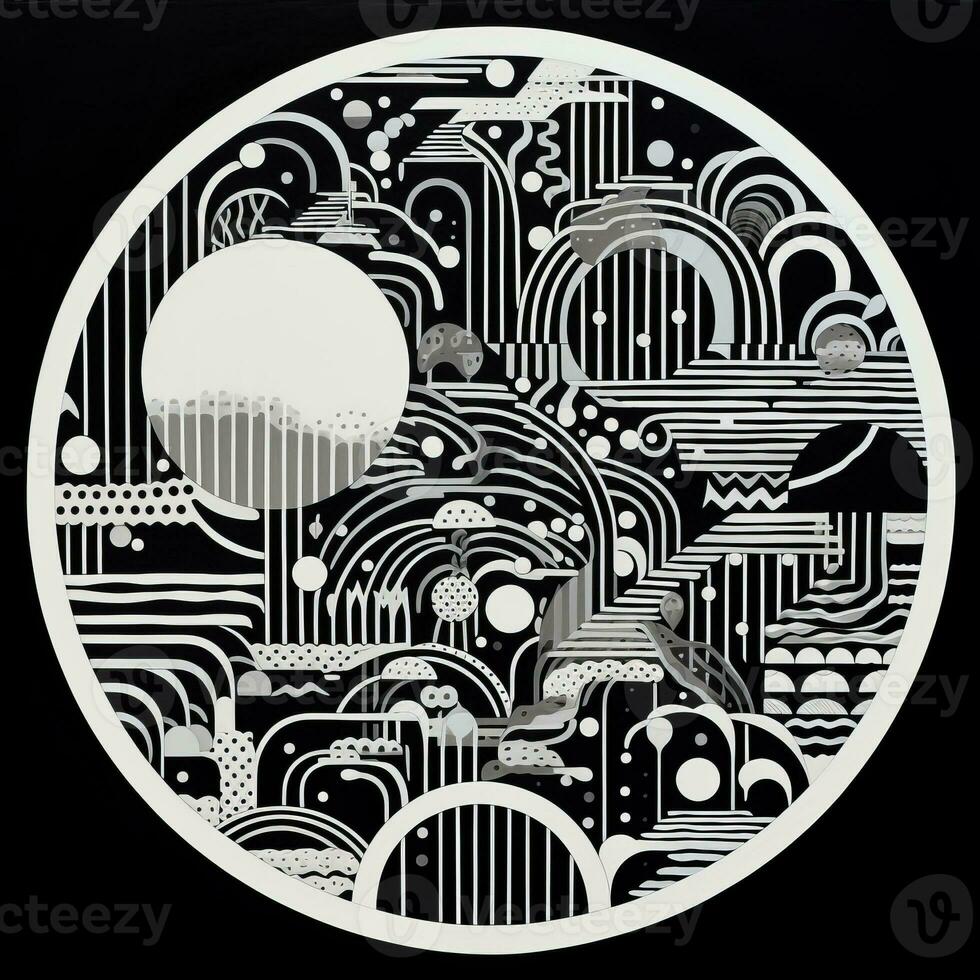 AI generated Abstract geometric composition on black background. Neo Folk aesthetics. Surrealist style photo