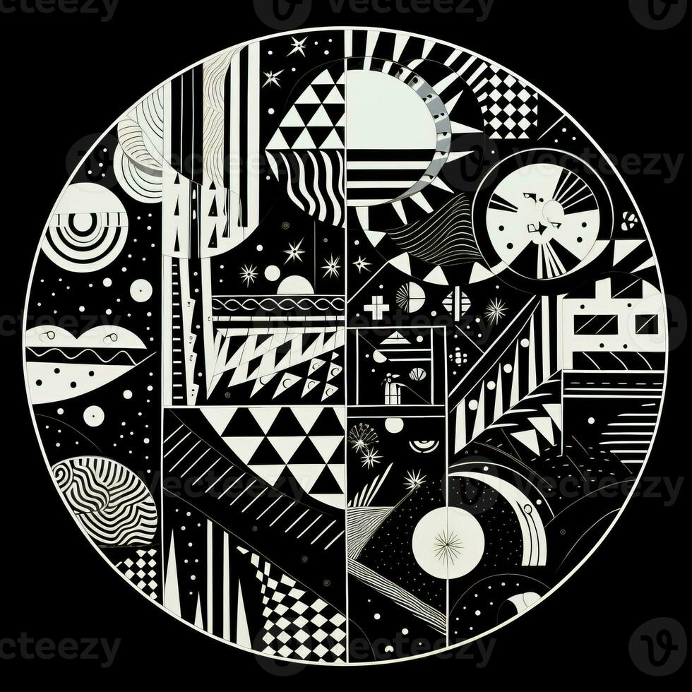 AI generated Abstract geometric composition on black background. Neo Folk aesthetics. Surrealist style photo