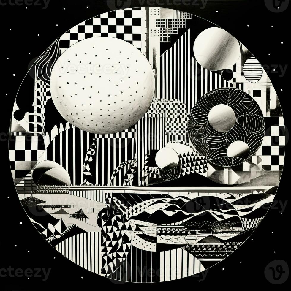 AI generated Abstract geometric composition on black background. Neo Folk aesthetics. Surrealist style photo