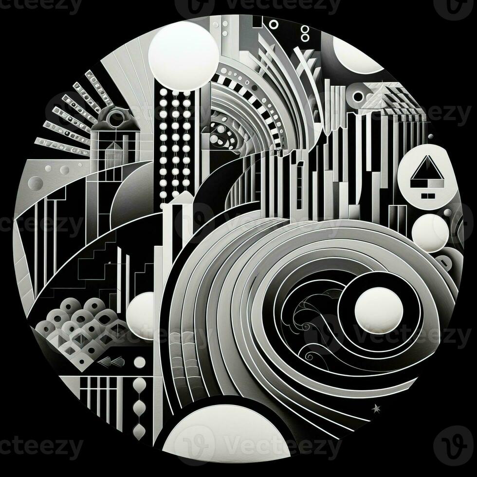 AI generated Abstract geometric composition on black background. Neo Folk aesthetics. Surrealist style photo