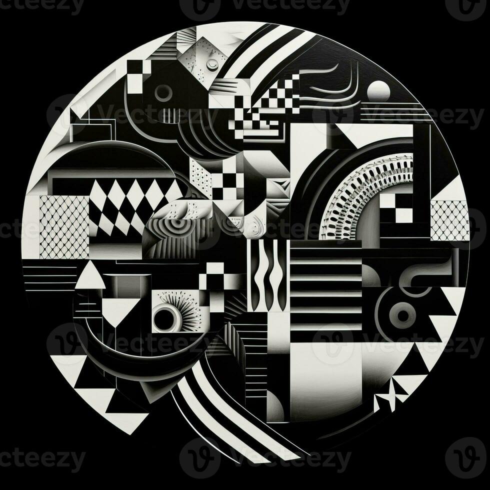 AI generated Abstract geometric composition on black background. Neo Folk aesthetics. Surrealist style photo