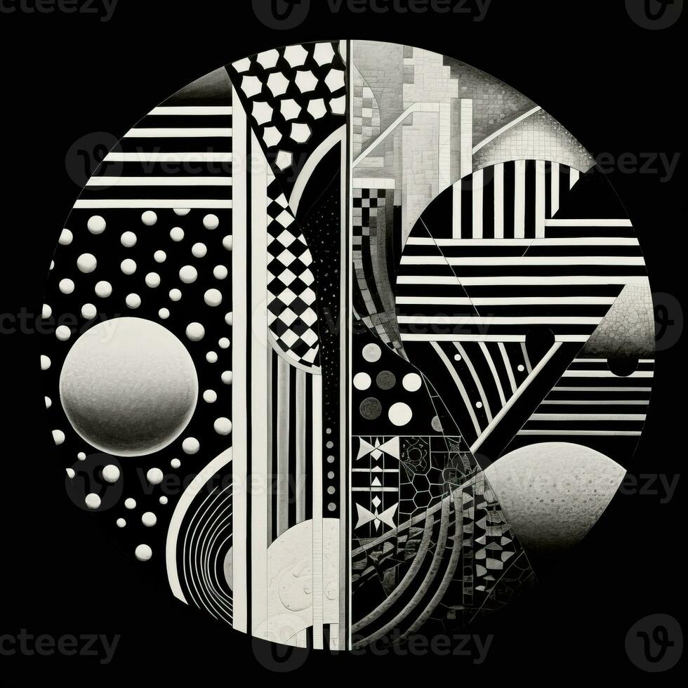 AI generated Abstract geometric composition on black background. Neo Folk aesthetics. Surrealist style photo