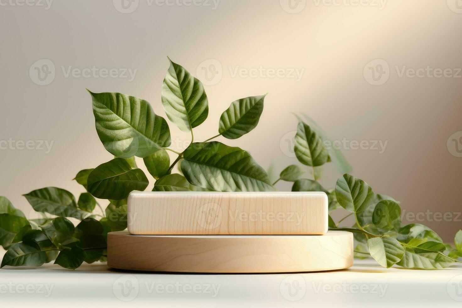 AI Generated Wooden and Nature podium and beautiful lighting. Background for product presentation. Generative AI photo