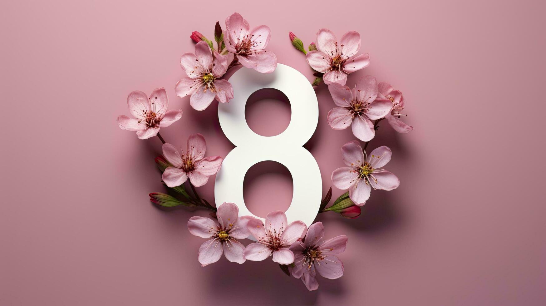 AI generated International Women's Day 8 March greeting card with spring pink flowers and number 8 isolated on Pink background, top view, free space for advertising. photo