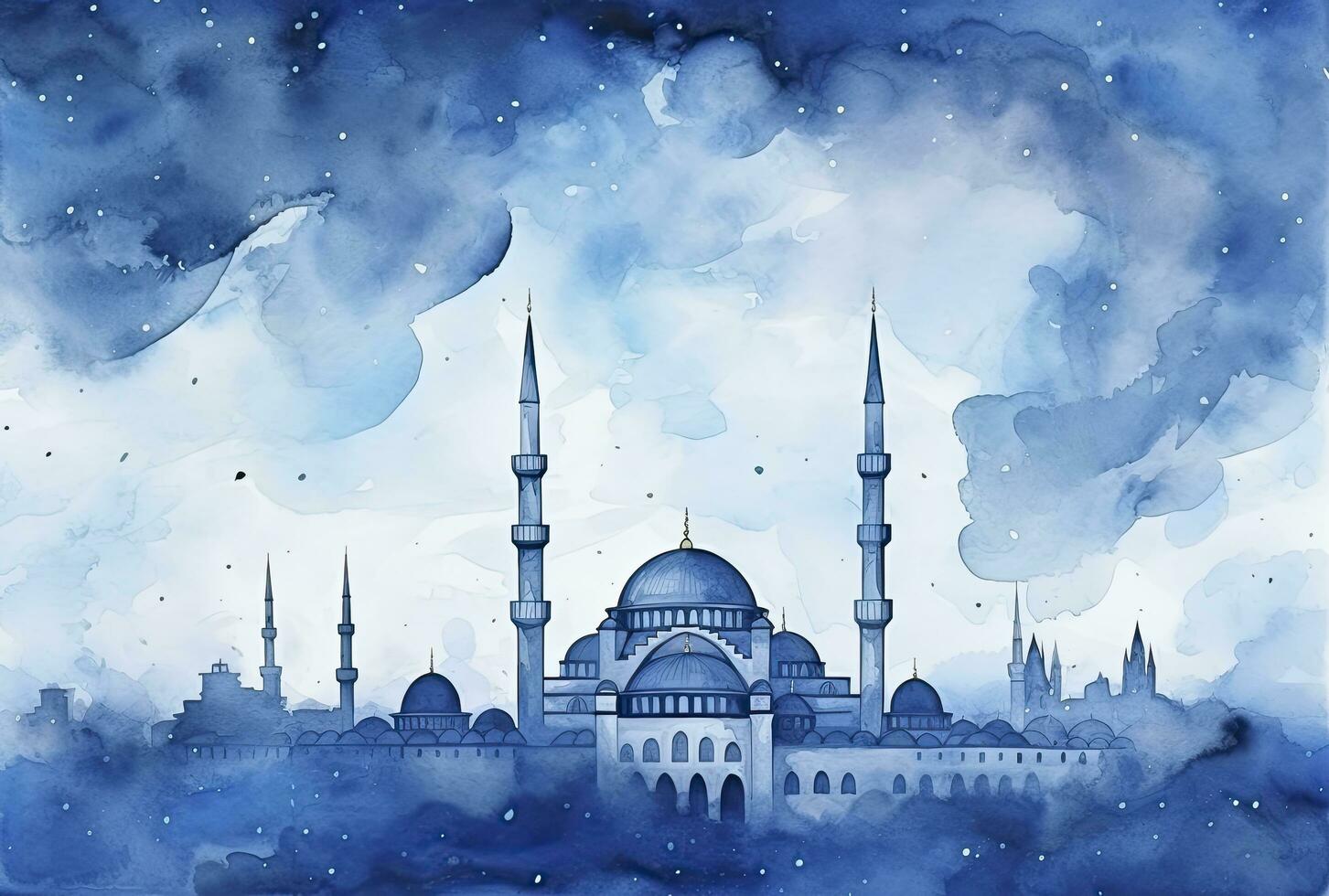 AI generated Watercolor Rendering of an Abstract Blue Mosque, Symbolizing Ramadan and Eid Mubarak Celebration. photo