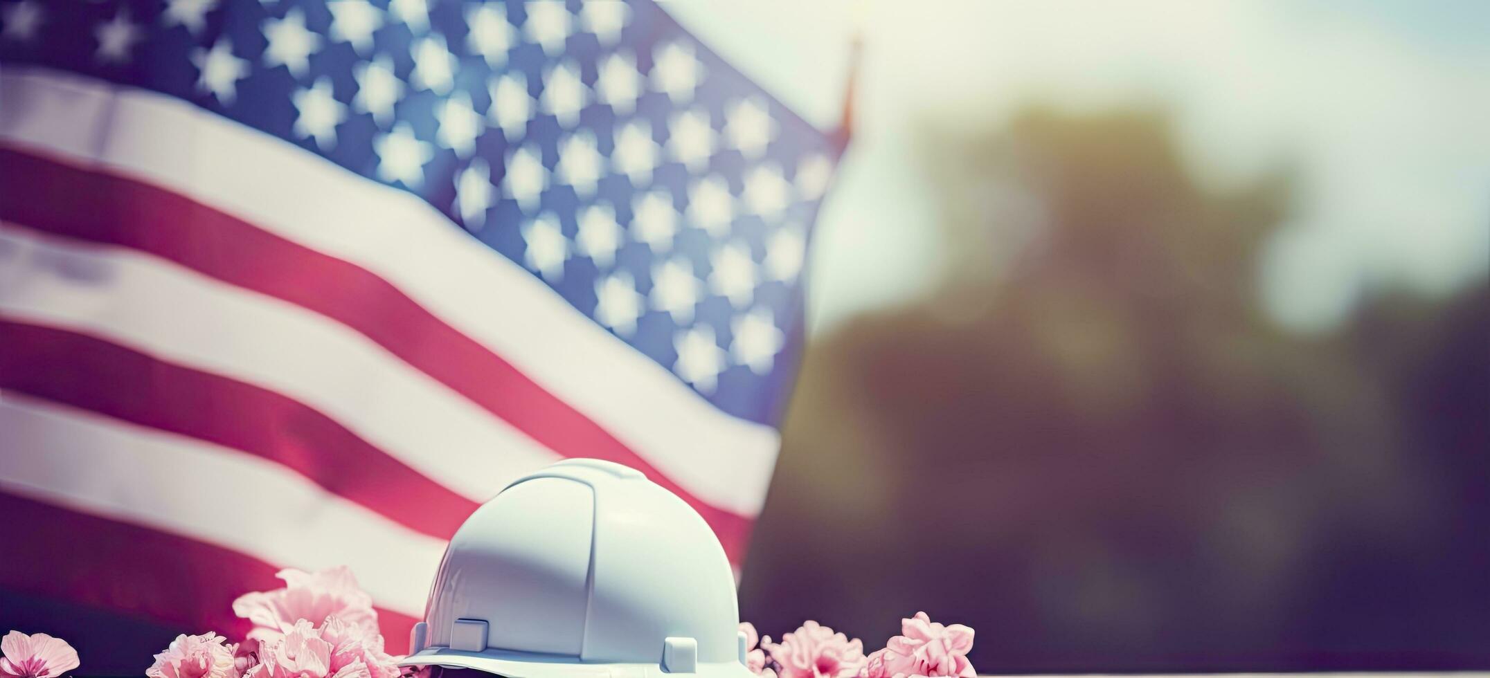 AI generated Happy labor day, american flag, labor helmet, and flower composition with copy space for text. photo