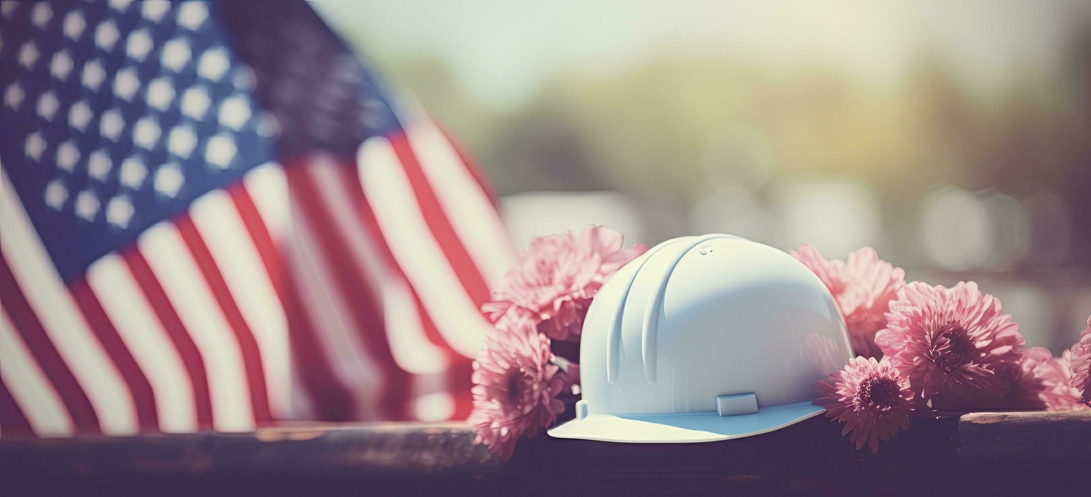 AI generated Happy labor day, american flag, labor helmet, and flower composition with copy space for text. photo