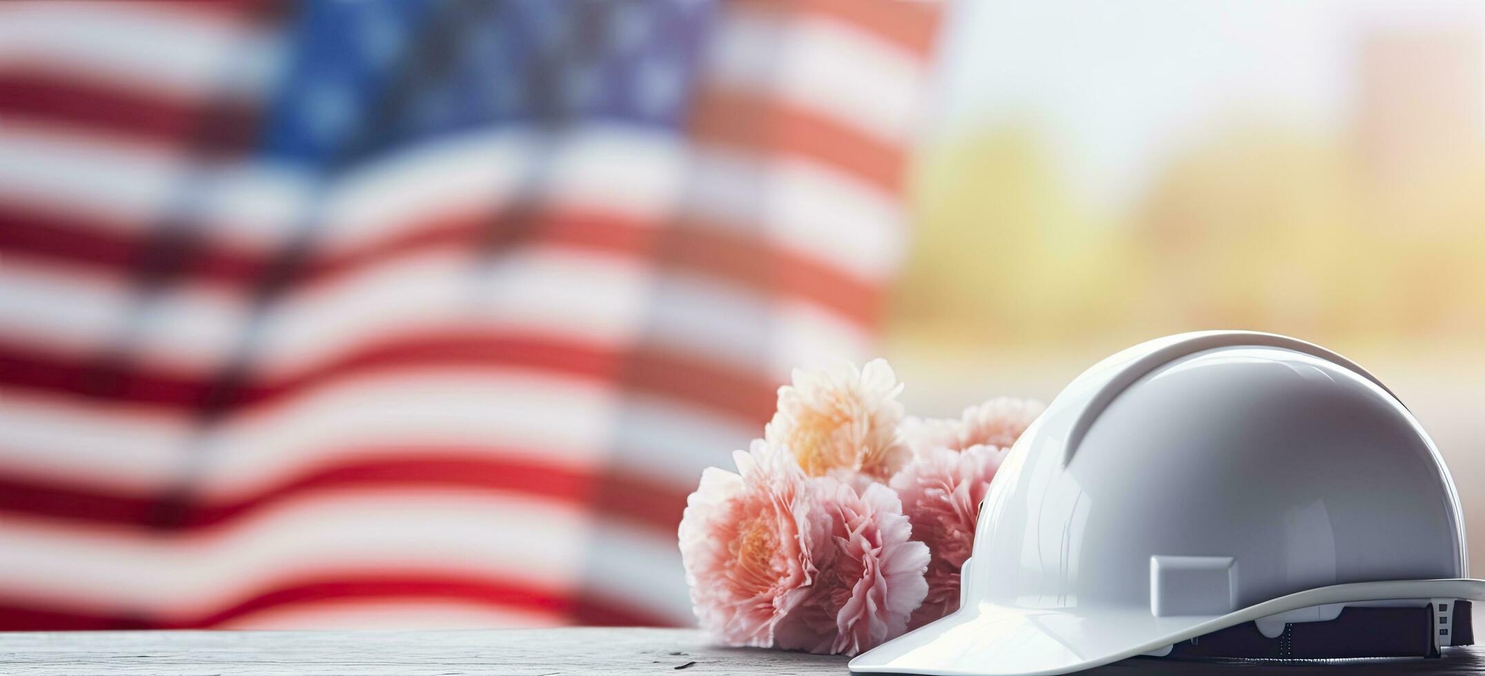 AI generated Happy labor day, american flag, labor helmet, and flower composition with copy space for text. photo